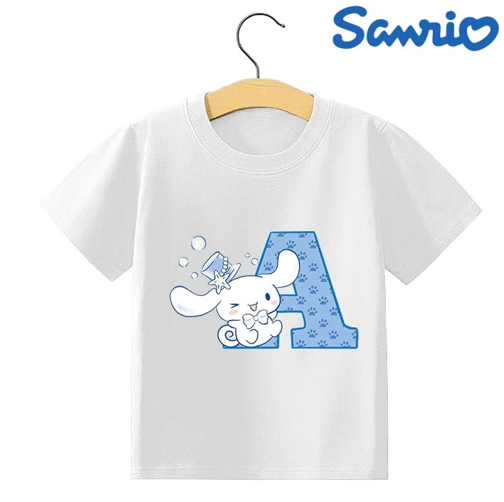 

Hot New Cinnamoroll 26 Letters T-shirt Children Sanrio Cartoon Fashion Pink Short Sleeve Cute Anime Loose Clothing Kids Tee Gift