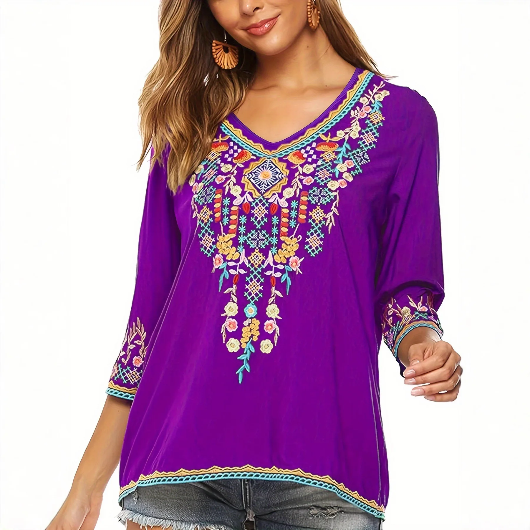 Y2K 春夏新作 花柄プリント Vネック Tシャツ ファッション カジュアル ミディアム 半袖トップス ボヘミアンスタイル ルーズトップ