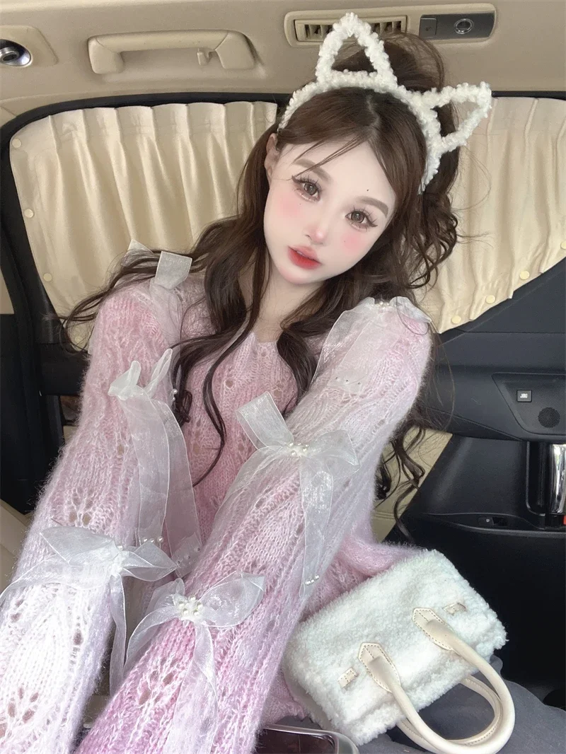 Sweet Autumn 2024 New Soft Hollow Loose Top Bow Purple Sweater for Women Sueter Mujer Knitwear Y2k Clothes Pink