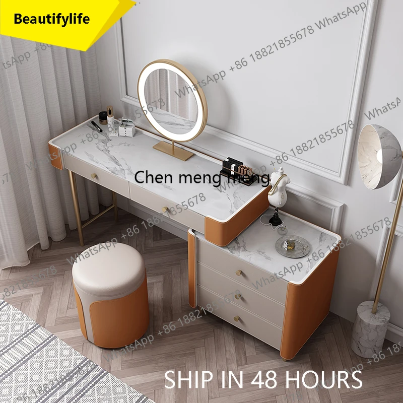 Modern Slate Tabletop Makeup Vanity Table with LED Mirror and Storage Drawers Dressing Desk and Round Stool for Bedroom