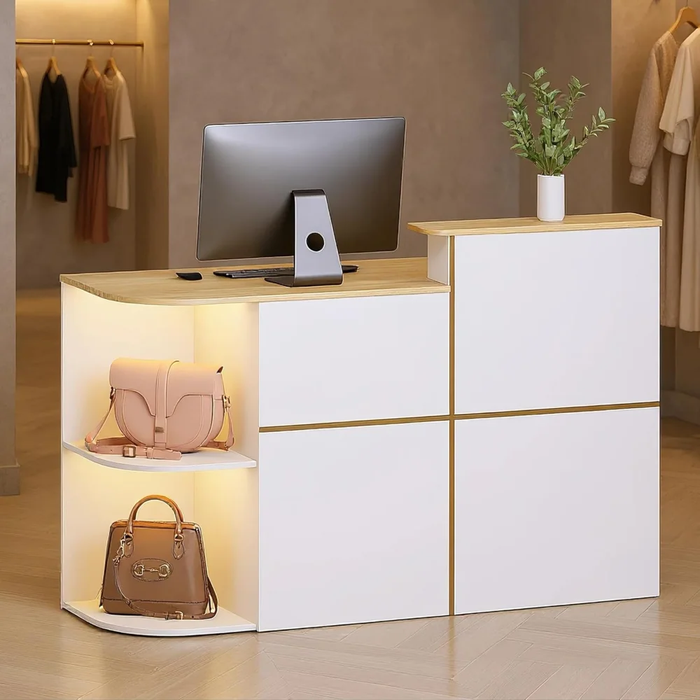 

Modern Reception Desk & DIY Metal Strips, Front Desk with LED Light and Hidden Power Outlet, Reception Counter Table