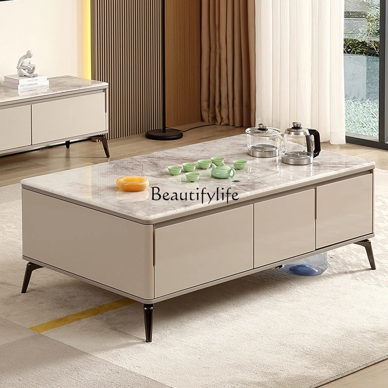 02Modern simple supercrystalline stone coffee table small apartment tea table household tea table kettle integrated