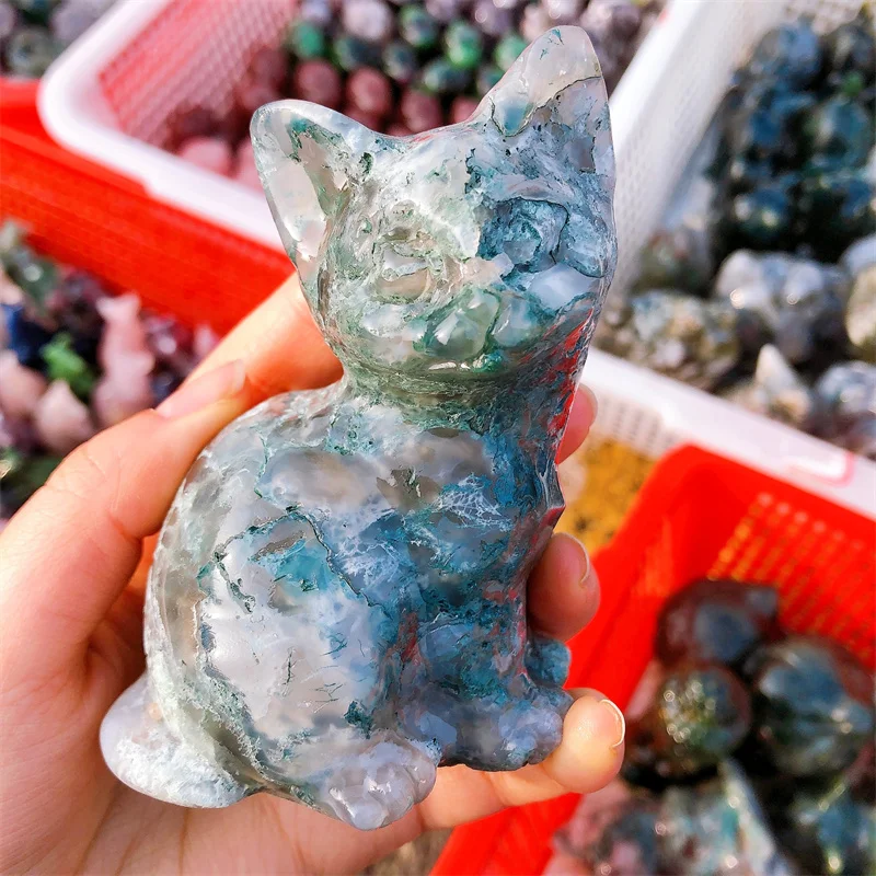 Natural Moss Agate Cartoon Cat Carving For Women Exquisite Gifts Healing Fengshui Stone Couples Jewelry 1PCS