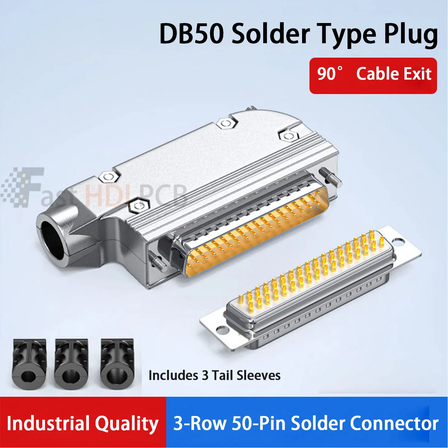 DB50 Solder Type Connector 90 Degree Right Angle 50 Pin D-Sub Male Female Gold Plated Solid/Stamped Pin Metal Shell