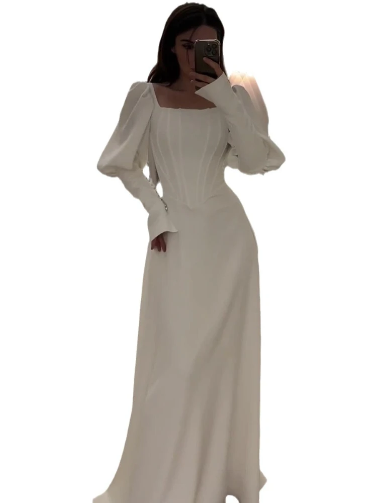 Eid Party Dress Women Square Collar Long Sleeve Morocco Party Dresses Ramadan Slim Fit Kaftan Islam Dubai Arab Long Robe 2024