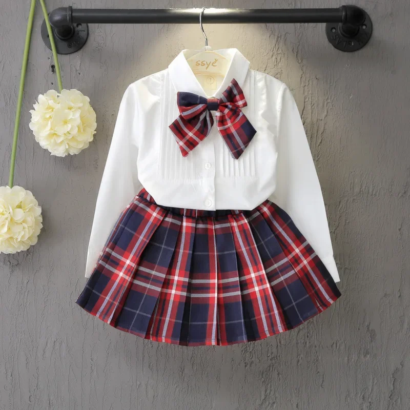 

2023 Spring Summer Girl Suit Casual Clothing Autumn British Style Pure White Shirt + Plaid Skirt + Bow Children'S School Uniform