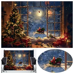 Christmas Tree Photography Backdrop Winter Night Window Santa Claus Reindeer Gifts Fireworks Merry Christmas Photo Background