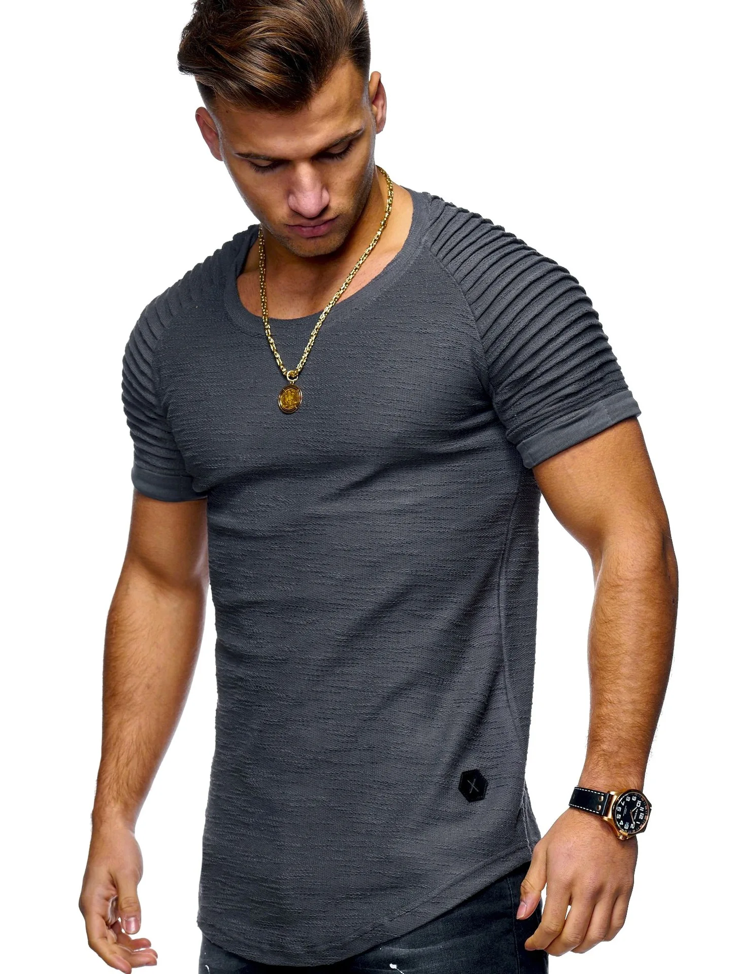 2023 Casual Men\'s T-Shirts Pleated Wrinkled Slim Fit O Neck Short Sleeve Muscle Solid Casual Tops Shirts Summer Basic Tee New