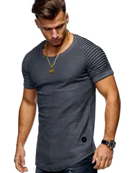 2023 Casual męskie t-shirty plisowane pomarszczony Slim Fit O Neck z krótkim rękawem mięśni wytrzymałe topy na co dzień koszule lato bluzka w stylu Basic nowy