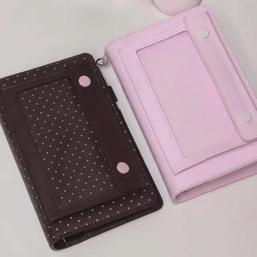 Six Ring A6 Binder Journal High Aesthetics Portable Compact Polka Dot Handbook Glossy Leather Refillable Pages