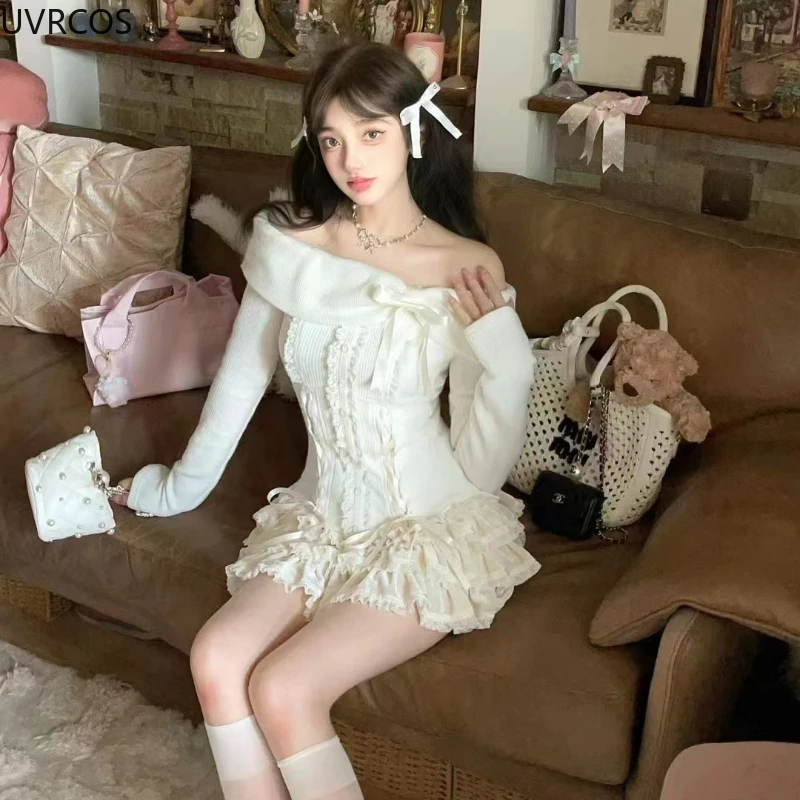 Y2k Aesthetic Lolita Style Skirt Set Women Sexy Slash Neck Bow Sweater Kawaii Lace Cake Skirts Suit Korean Fashion Y2k 0utifits