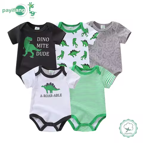 Conjunto de 5 peças de roupas com tema de dinossauro para bebês meninos, macacão divertido com estampa de dinossauro, macacão de tecido misto para recém-nascidos, macacão listrado, roupa de verão de 0 a 12 meses