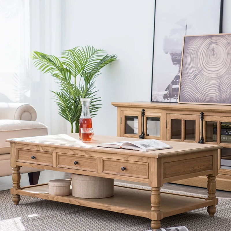 

Country solid wood living room, coffee table drawers, four-draw, six-drawer, oak coffee table, TV cabinet combination