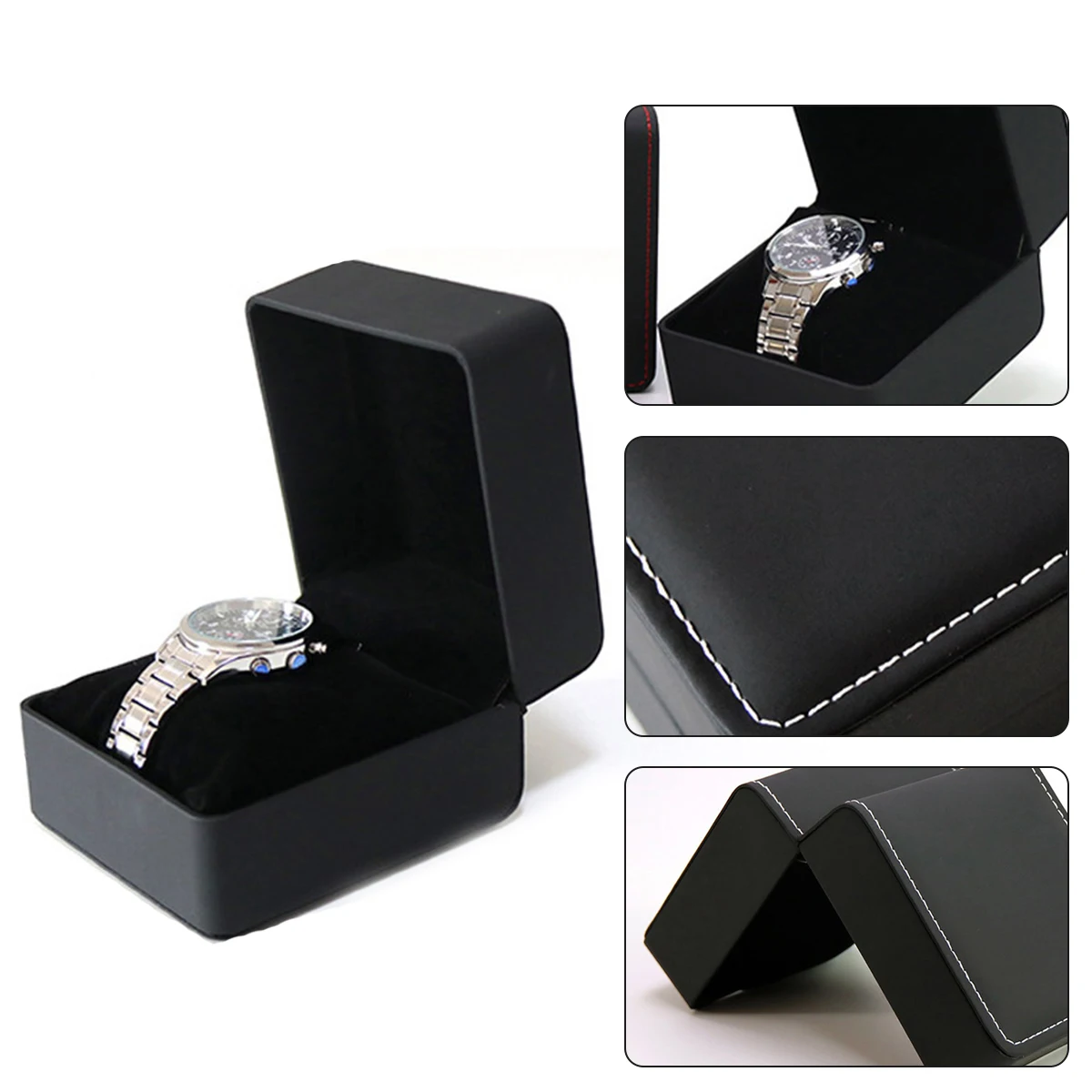 PU Leather Wristwatch Display Case Organizer Black Single Watch Gift Box with Pillow Clamshell Watch Cover for Men