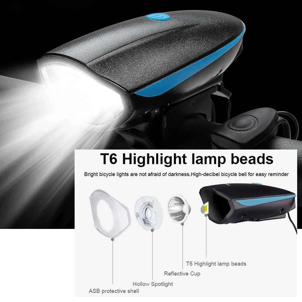 Bicycle Front Light with Electric Loud Horn Ultra Bright eBike Headlight flashlight LED Waterproof tweeter Safety warning Bell