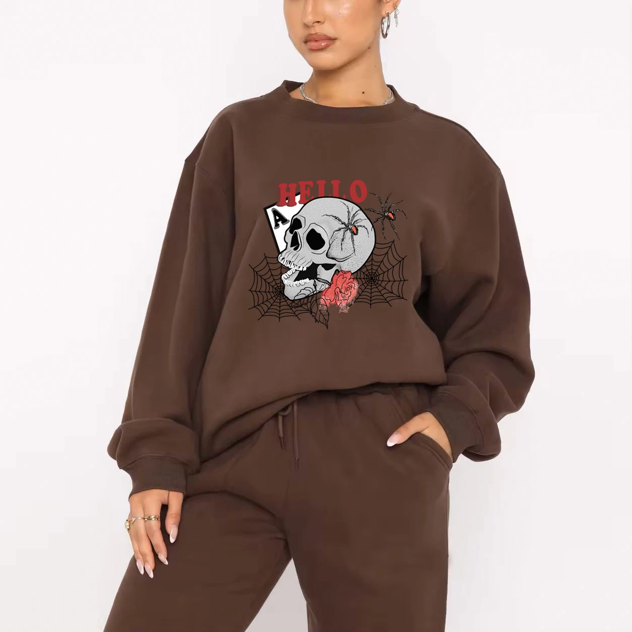 Halloween Skull Print Fashion Street Ladies 2-piece Set Autumn/Winter Round Neck Long Sleeve Hoodie Running Pants Set