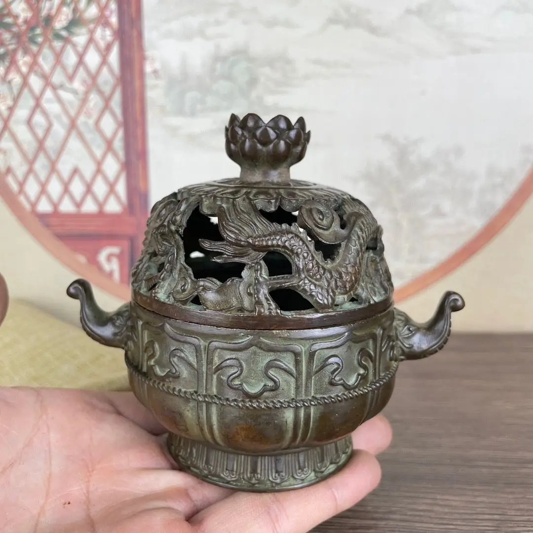 Double ears, elephant trunk ears, double dragon cover lotus Incense Burner Statue for Tea Home Decor Ornaments