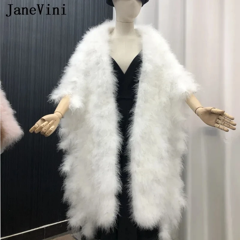 JaneVini Luxury Ostrich Feathers Plus Size White Bridal Shawl Wrap Faux Fur Coat Women Winter Shrug Cloak Wedding Cape for Bride