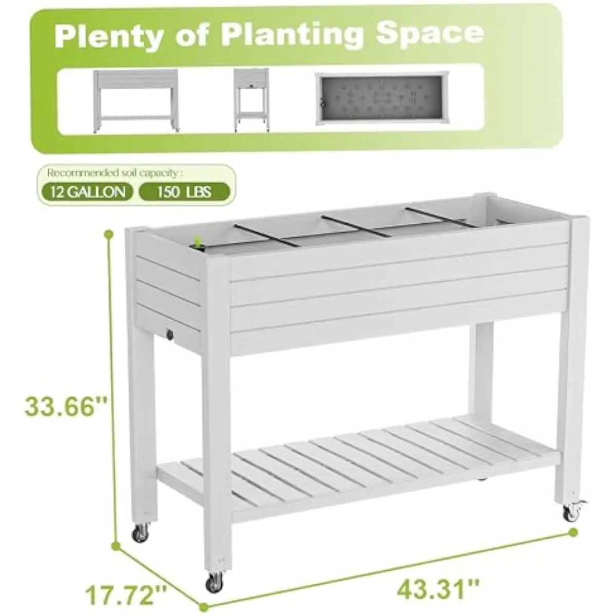 Raised Garden Planter on Locking Casters with Drainage Plug and Water Level Indicator Built-in Storage Shelf Rustproof Metal Fra
