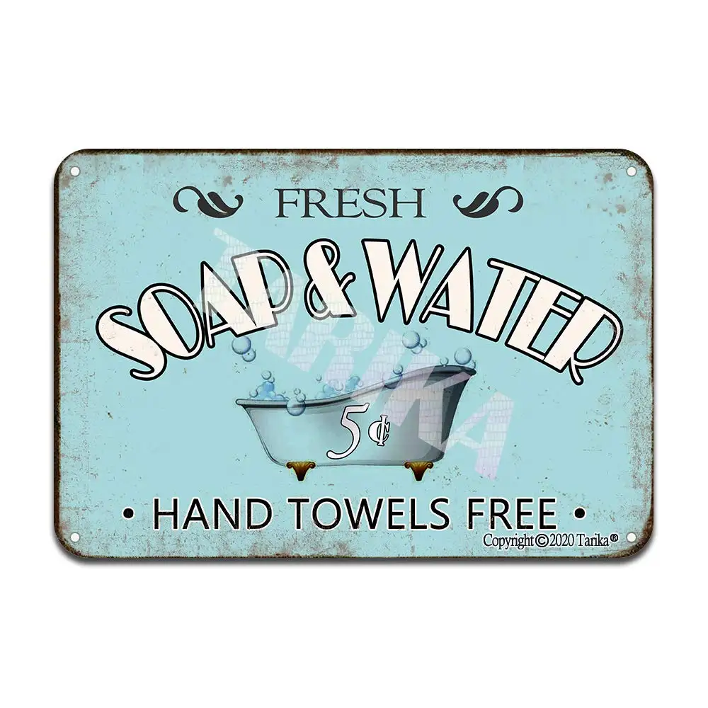 Fresh Soap & Water Hand Towels Free Vintage Bathroom Decor Iron Poster Painting Tin Sign Vintage Wall Decor for Cafe Bar Pub