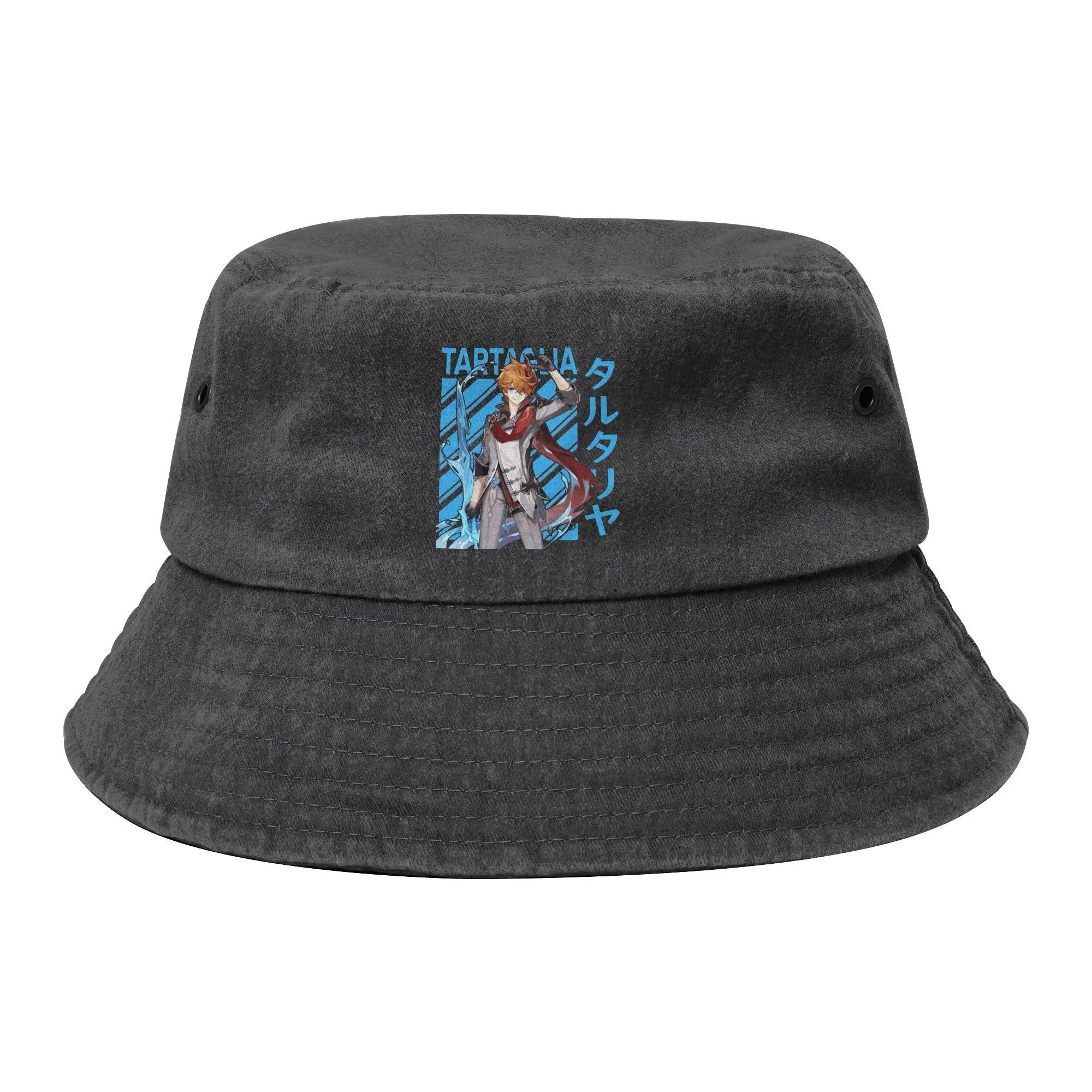 Unisex Distressed Denim Bucket Hat Tartaglia Genshin Impact Camping Fishing Hat Anime Game Bob Gift Idea