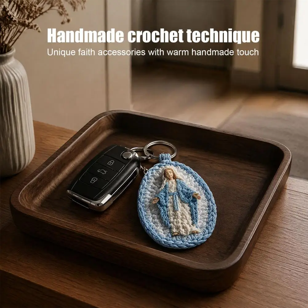 Marian Prayer Reminder Handmade Crochet Marian Keychain Mary Charm with Blue White Yarn Catholic Christian for Prayer for Women