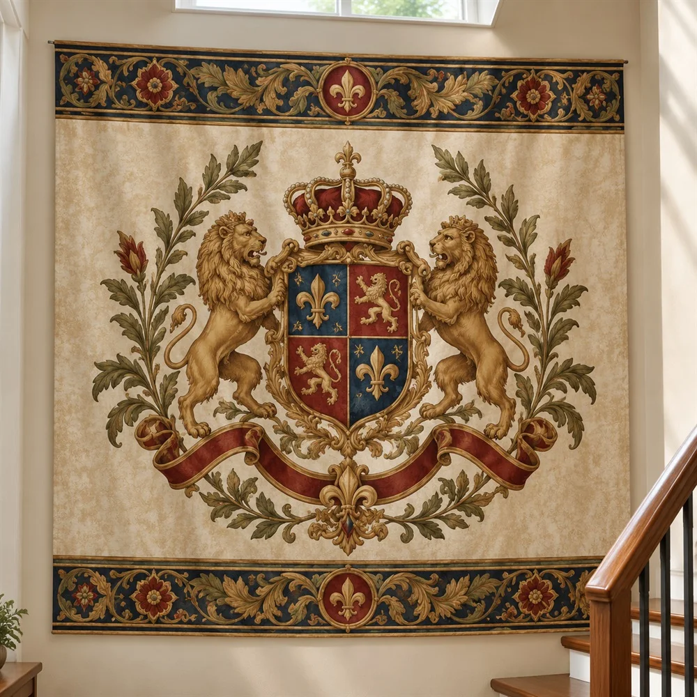 VIKAMA European Crest Emblem Tapestry Wall Hanging, Aesthetic European Room Decor Tapestries for Living Room Bedroom Office