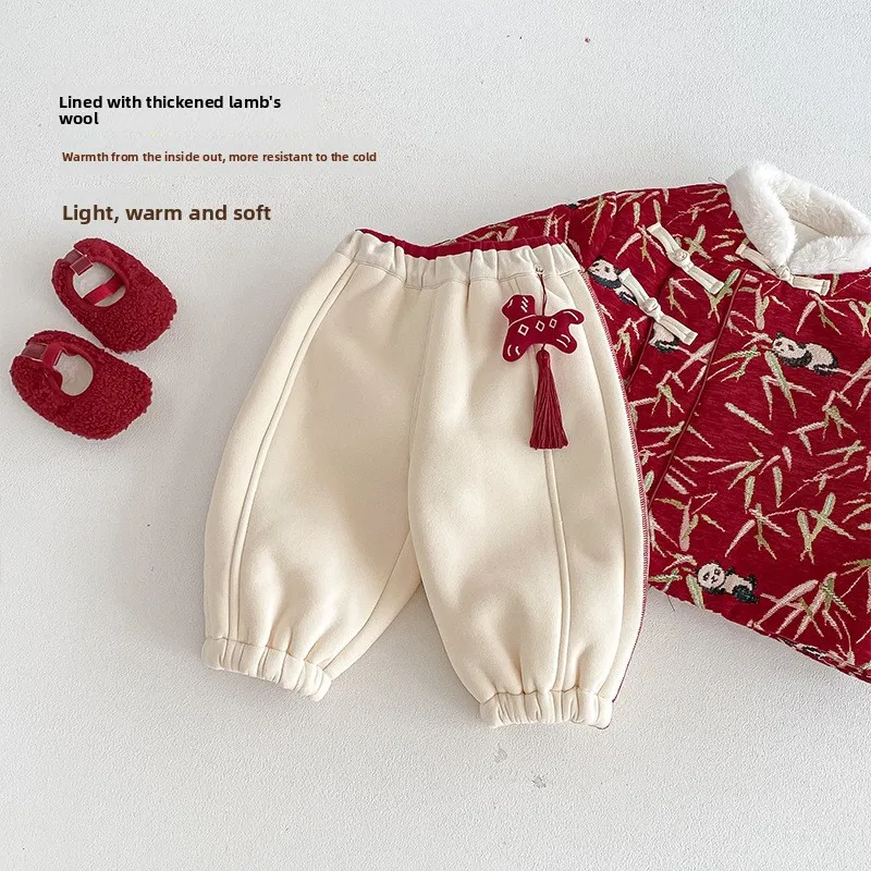 

Детская праздничная новогодняя одежда с аксессуарами для пони, новинка 2023 года, зимние модные бархатные штаны в китайском стиле для мальчиков в китайском стиле