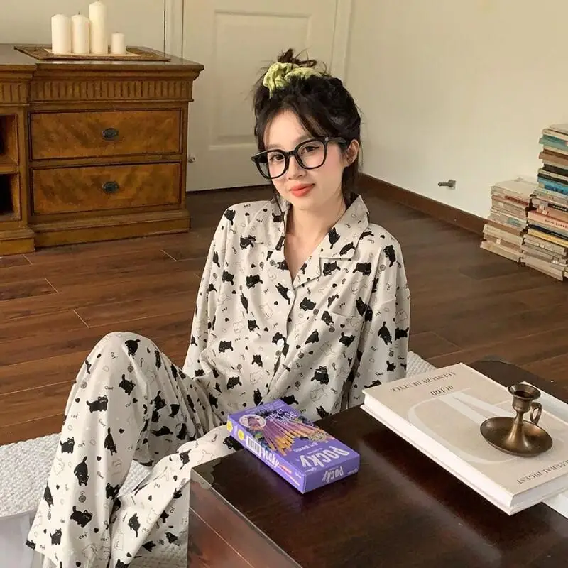 

Women's Pajama Set Fashion Homewear Long Sleeve Pajama Set With Cute Black Cat Print Cotton For Women Home Wear New Korean Style