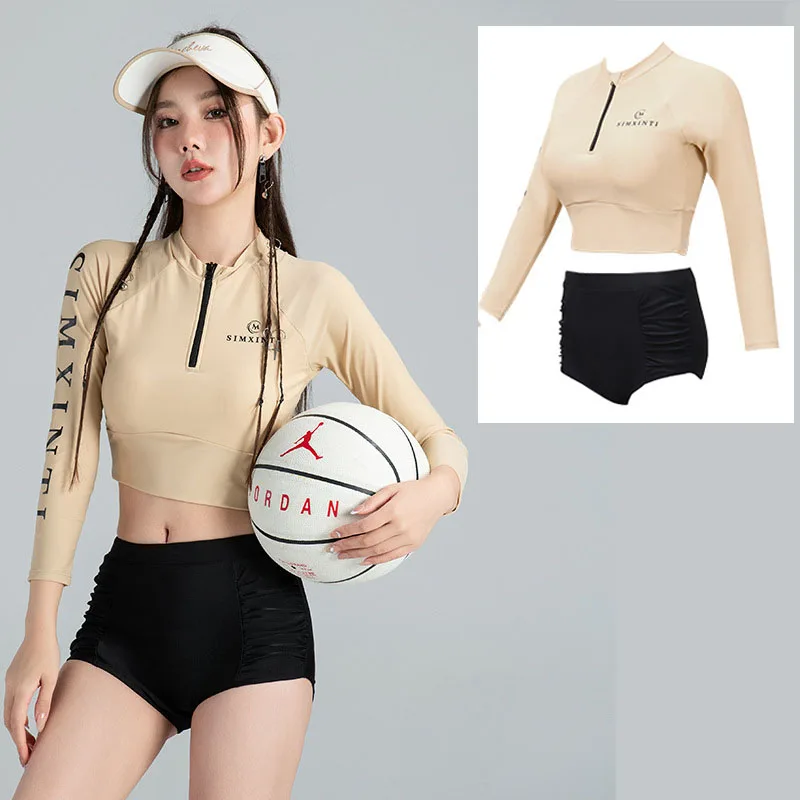 Rash Guard Women Long Sleeve Bathing Suits 2pcs Swimsuit Athletic Swimwear Bikini Crop Top With Boyshorts Tankini Gym Tracksuits