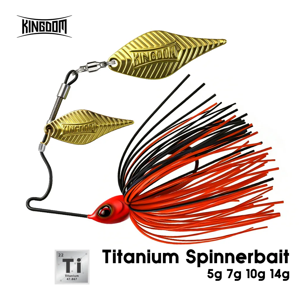 Señuelo giratorio Kingdom Titanium 5g 7g 10g 14g con falda colorida y doble hoja de aluminio para pesca de lubina en agua dulce y salada