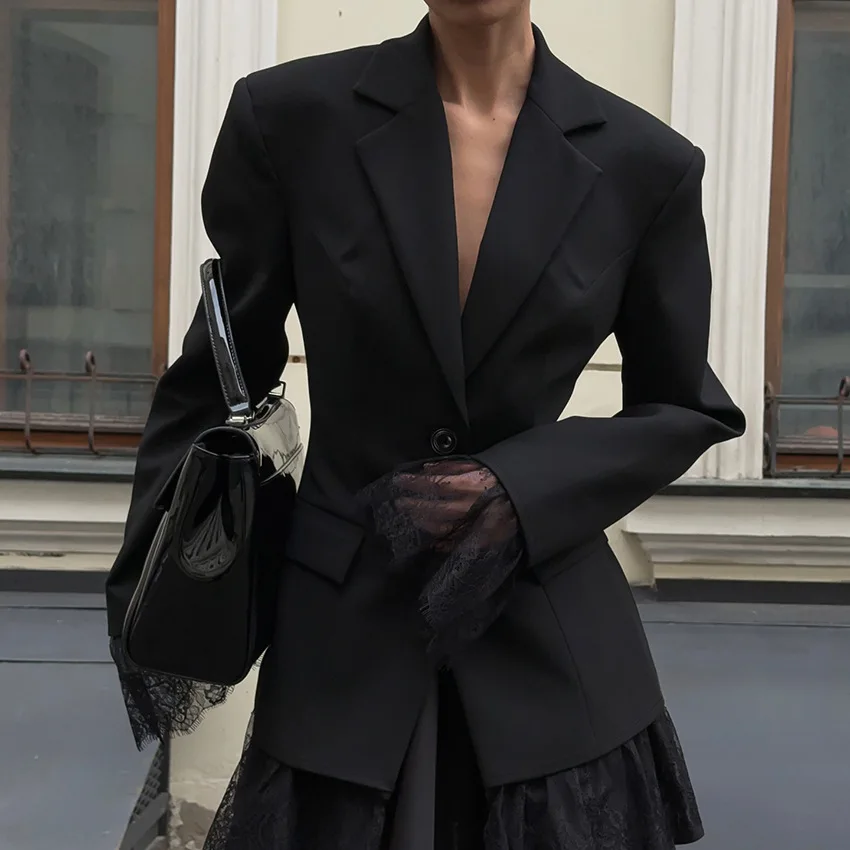 

Осень 2025 г., новый тонкий черный блейзер для женщин, кружевная вставка в стиле пэчворк, дизайн с длинными рукавами, офисный женский костюм, верхняя одежда
