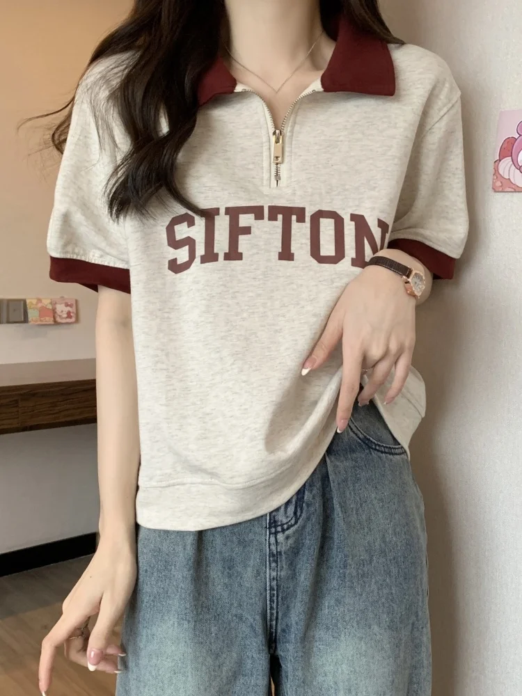 American Retro Shoulder Lettering Short Sleeve T-Shirt Women Summer New plus Size Conceal Belly  Top Comfortable Fit