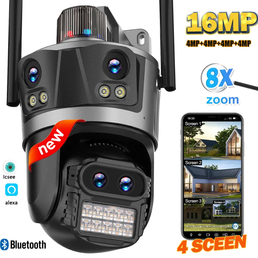 8K 16MP WiFi Camera Outdoor Four Lens Four Screen Security CCTV Camera 8X Zoom Bluetooth Auto Tracking Video Surveillance ICsee