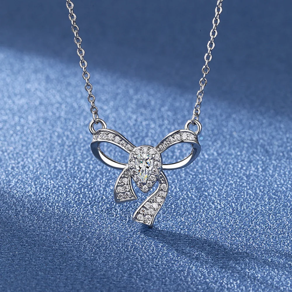 

925 Sterling Silver Necklace Clavicle Chain Shining Zircon Bowknot Women's Pendant Necklace Birthday Party Gift Jewelry Gift
