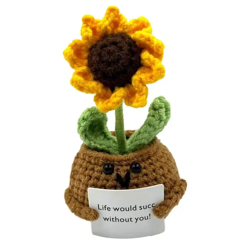 Crochet Flower Pot Mini Cute Emotional Positive Succulents Artificial Mini Potted Crochet Knitted Plants For Adults Kids Friends