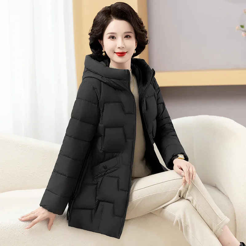 Winter 2024 New Hooded Down Cotton Jacket Middle-Aged Medium Long Winter Women Parkas