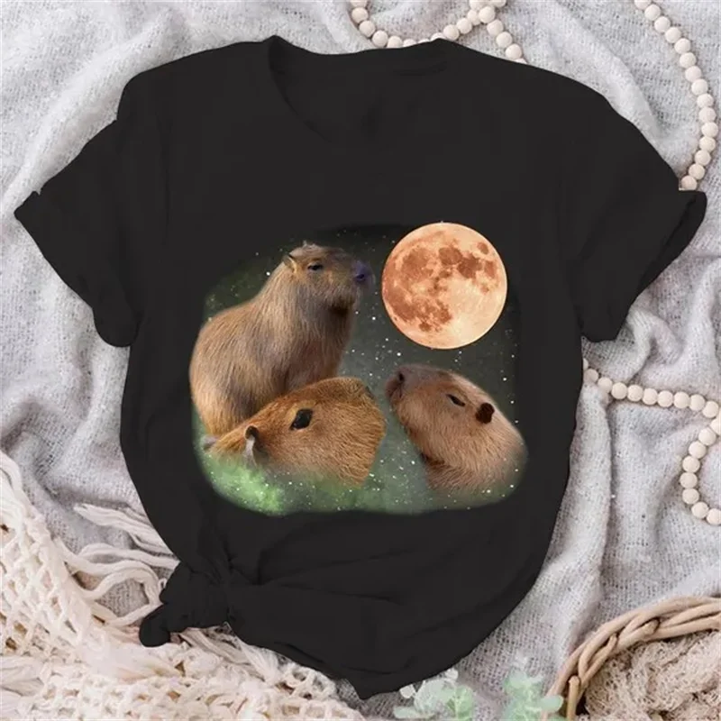 Capybara Graphic T Shirt Womens Clothing Polyester Men 3D Three Moon Capybaras Printed Tracksuits Cute Kids Short Sleeved Tops