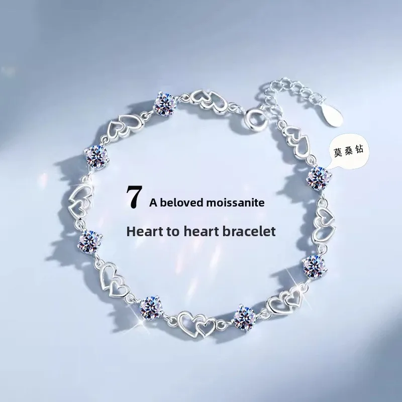 

S925 Silver Interlocking Hearts D Color Moissanite Bracelet for Women, 7-Stone Rhodium Plated Fine Jewelry Gift