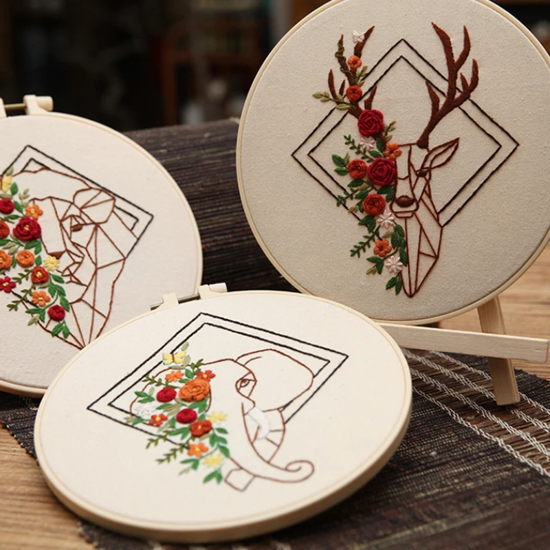 DIY Embroidery Kit Abstract Deer Printed Pattern Cross Stitch Set for Beginner Needlework Hoop Handmade Sewing Art Craft Kit