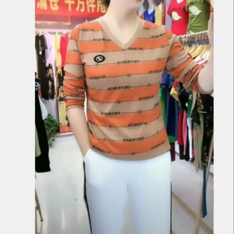 Nowa, swobodna, prostota koszulka w paski z dekoltem w szpic dla kobiet, jesienna, dopasowana bluzka z długim rękawem, odzież damska