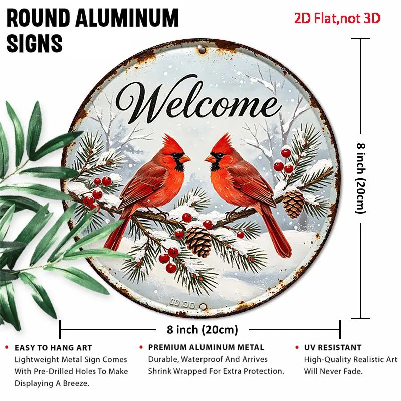 2D Flat Funny Metal Decor Sign, Rusted Round Sign with Two Red Birds, Welcome, Snow, Home Decor, Garden Decor