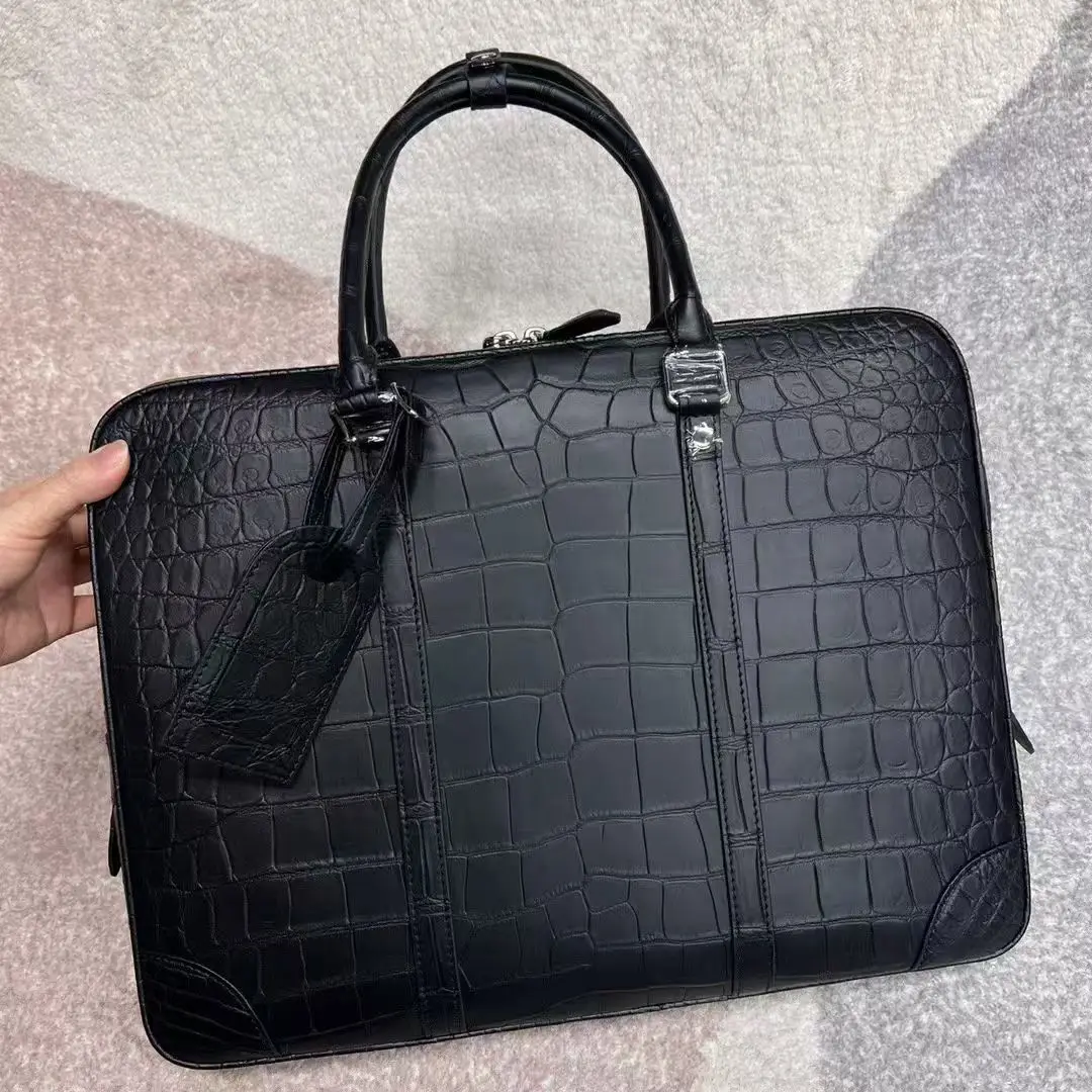 2026 Luxury Quality briefcase bag Men's Genuine/Real 100% Crocodile belly skin men laptop bag light blue grey color