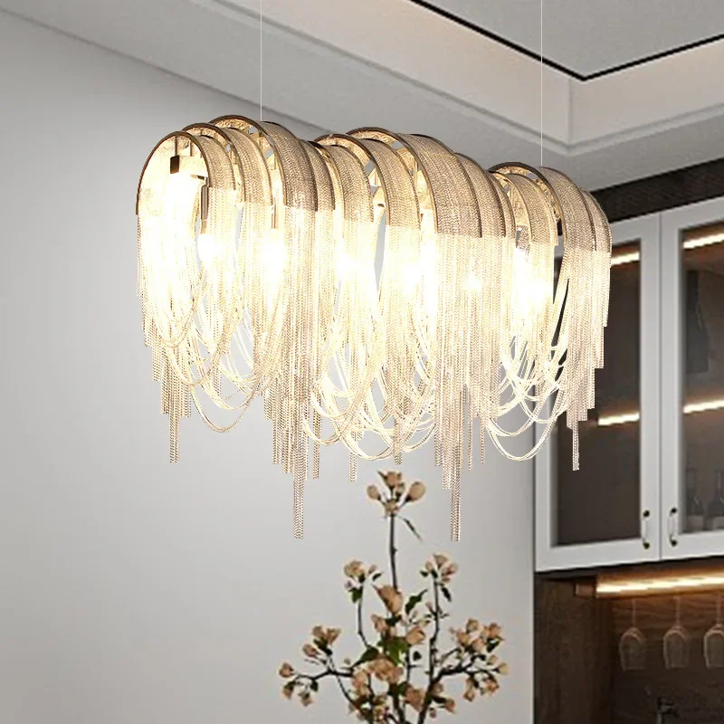 

Gold Silver Aluminium Chain Chandeliers Pendant Light LED Ceiling Chandelier Lamp Villa Hotel Restaurant Dining Lustre