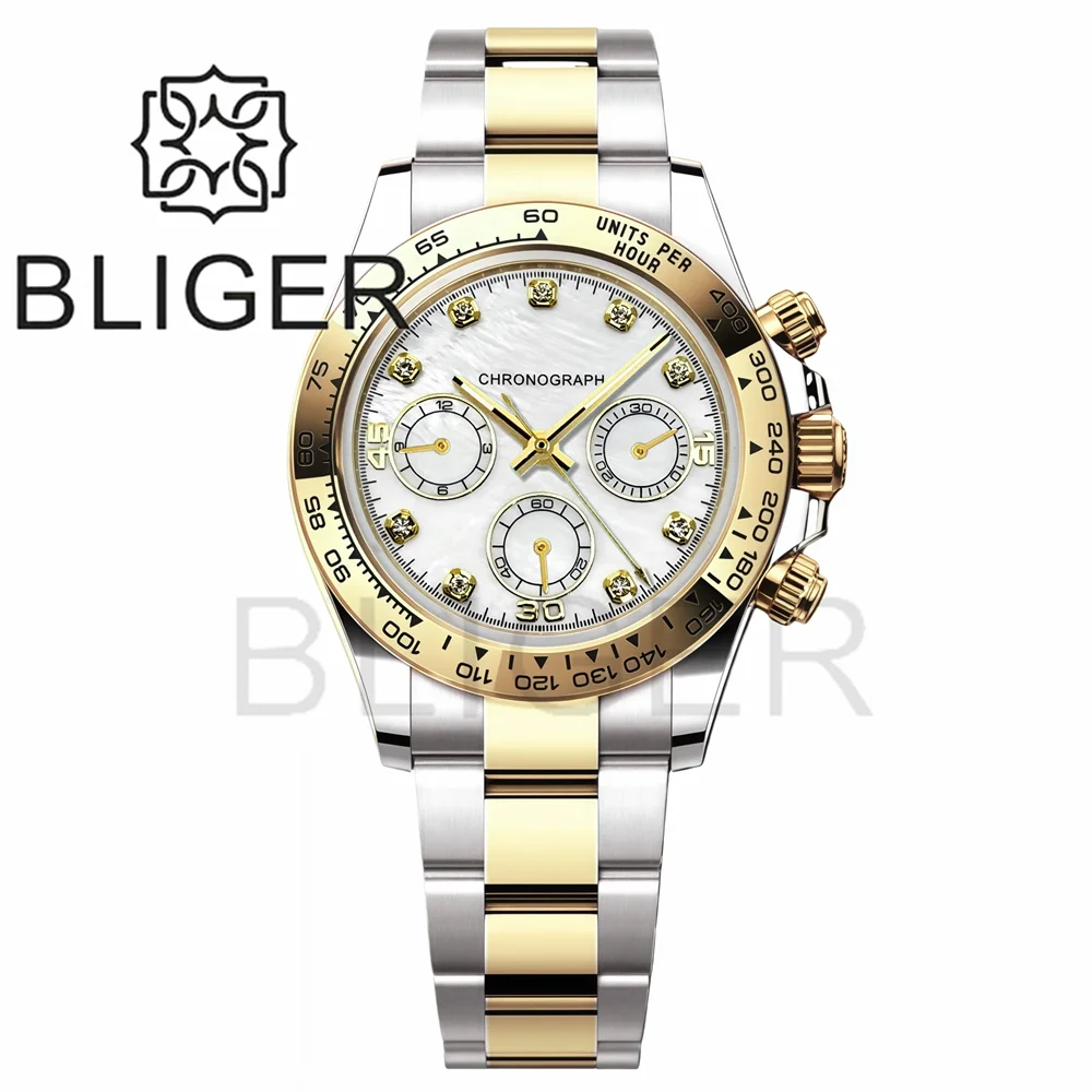 

BLIGER мужские часы 39 мм VK63 с жемчужным циферблатом, золотые бриллиантовые гвозди, сапфировое стекло, хронограф из нержавеющей стали, кварцевый водонепроницаемый