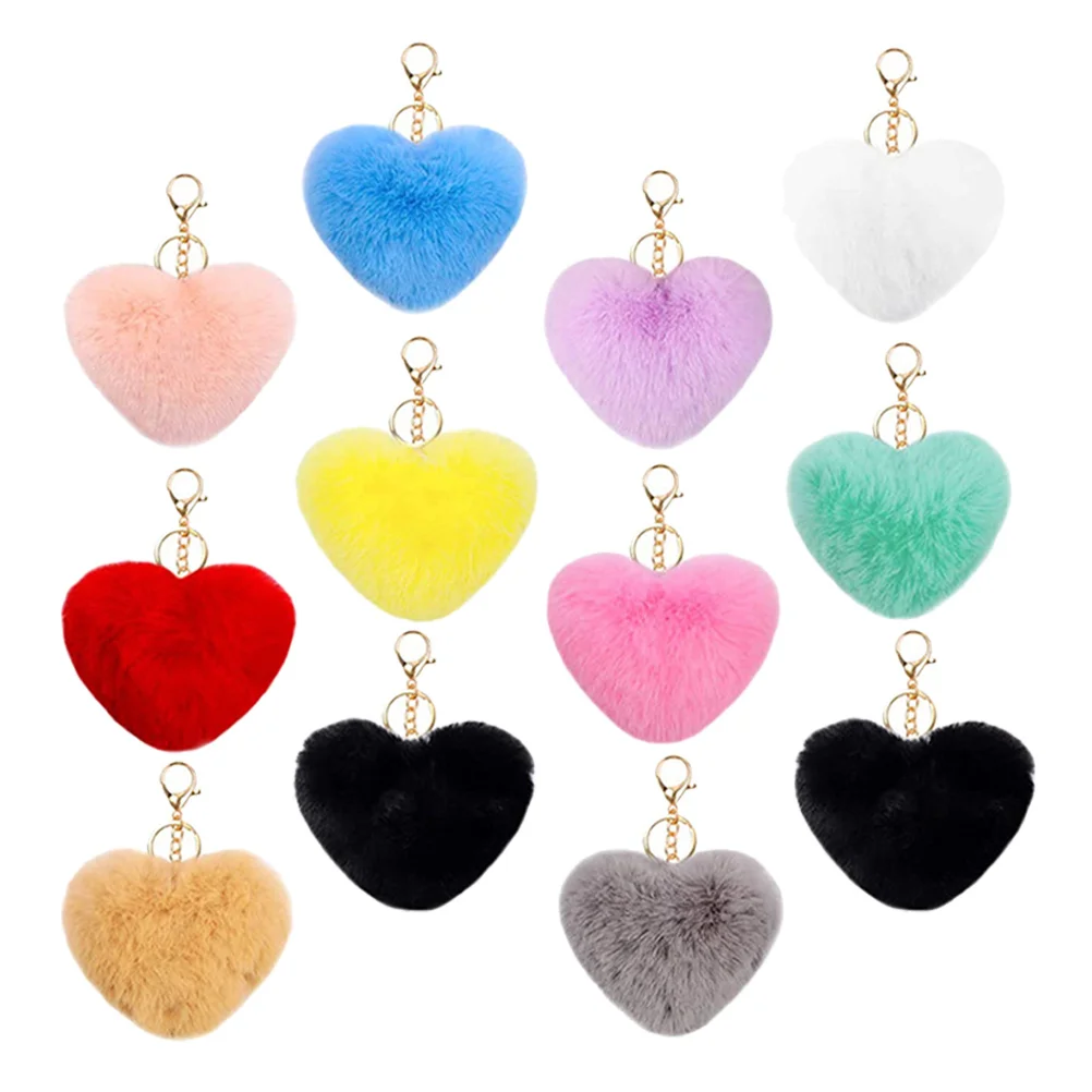 

12pcs Pompom Keychain Ball Key Ring Lovely Heart Pendant For Bag Car Keys Decorative Puff Ball Key Chains Jewelry Craft