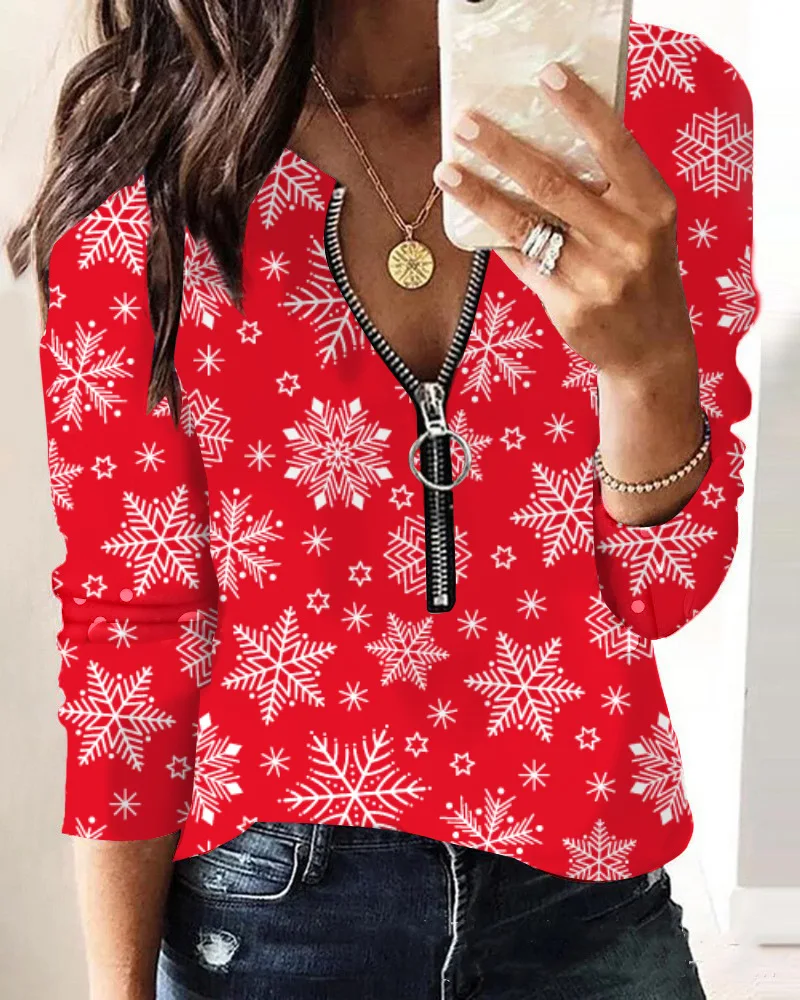 Fashion Long Sleeve Zipper Christmas Print Tops And Blouses Women 2023 Autumn Winter Causal Elk Top Femme Blouse For Women