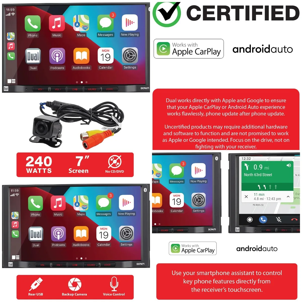 

7-inch Car Stereo with Apple CarPlay & Android Auto, Bluetooth, Backup Camera, Double DIN