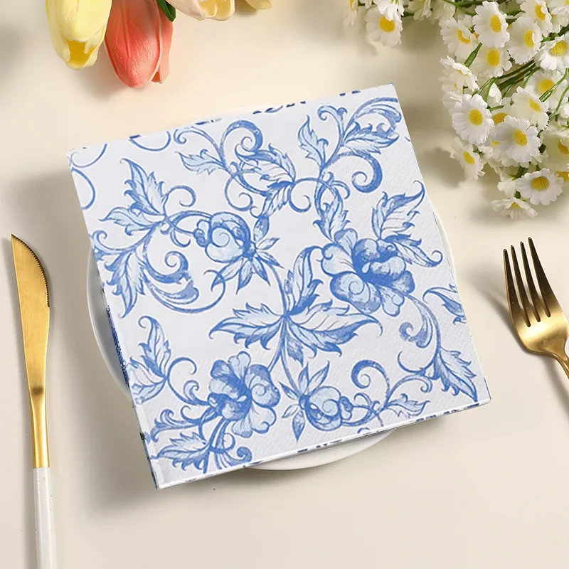 20pcs 33cm 2Layer Blue Flower Printed Napkins Chinese Style Blue and White Party Decoration Paper DIY Decoupage Paper