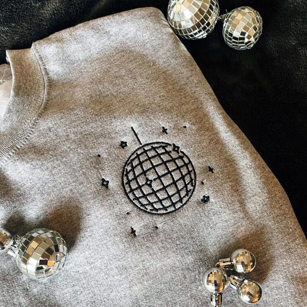 Disco Ball Embroidered Crewneck Sweatshirts Unisex Men Women Autumn Thick Fleece Warm Long Sleeve Pullover Casual Sweatshirt